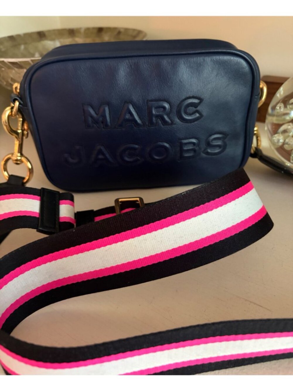 Marc Jacobs The Flash Leather Handbag Dark Navy Crossbody Camera - Picture 2 of 14